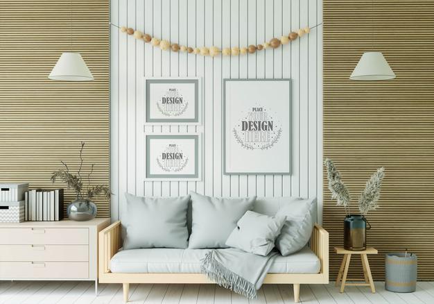 Free Poster Frame In Living Room Mockup Psd