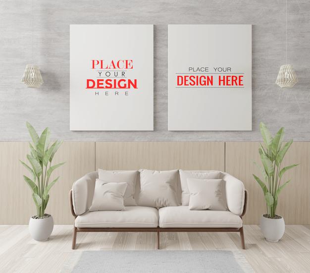 Free Poster Frame In Living Room Mockup Psd