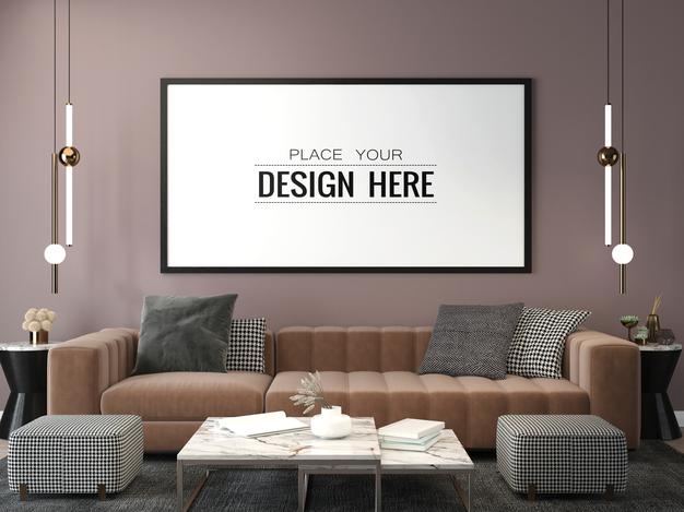 Free Poster Frame In Living Room Mockup Psd