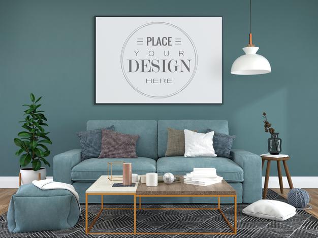 Free Poster Frame In Living Room Mockup Psd