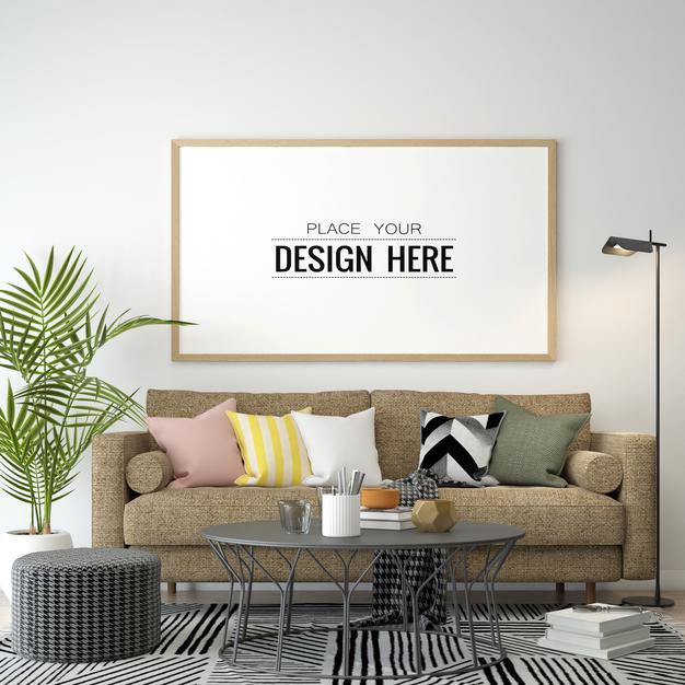 Free Poster Frame In Living Room Mockup Psd