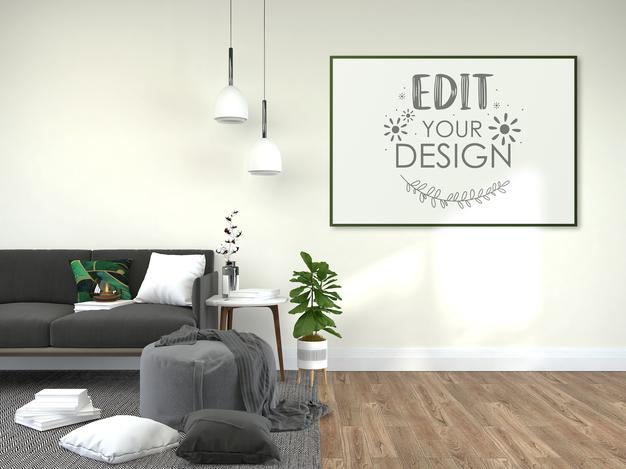 Free Poster Frame In Living Room Mockup Psd