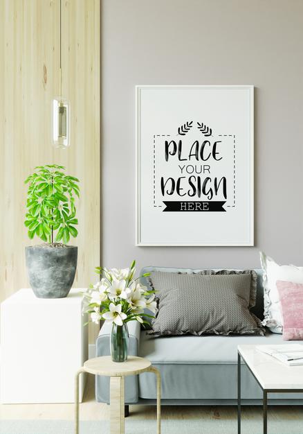 Free Poster Frame In Living Room Mockup Psd