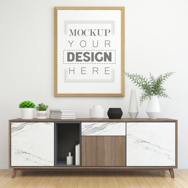 Free Poster Frame In Living Room Mockup Psd