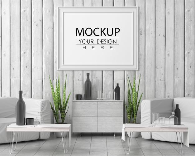 Free Poster Frame In Living Room Mockup Psd