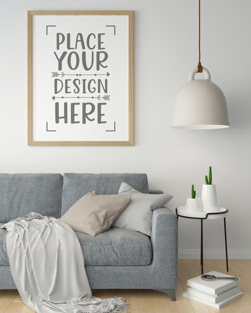 Free Poster Frame In Living Room Mockup Psd