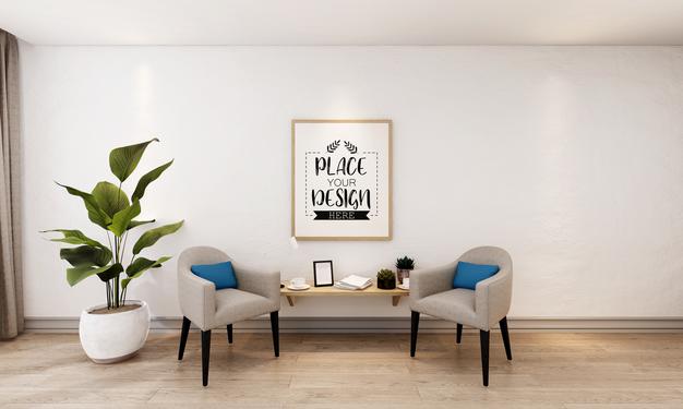 Free Poster Frame In Living Room Mockup Psd