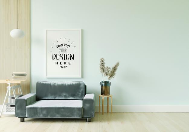 Free Poster Frame In Living Room Mockup Psd