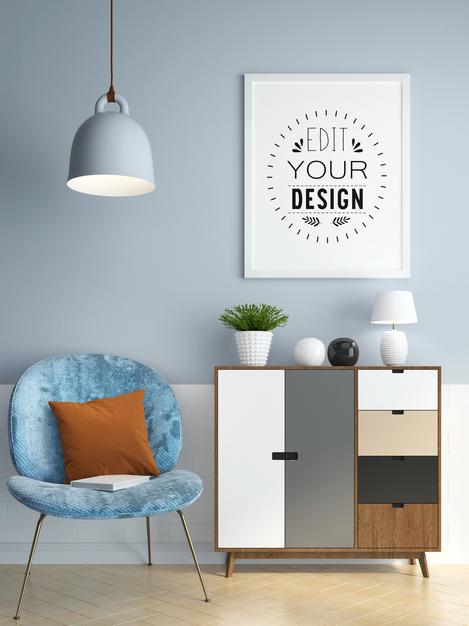 Free Poster Frame In Living Room Mockup Psd