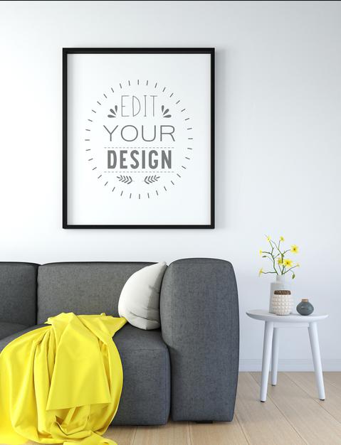 Free Poster Frame In Living Room Mockup Psd