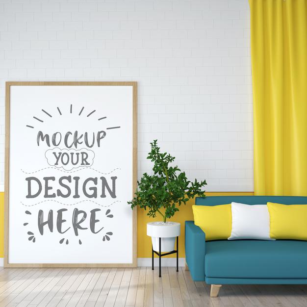 Free Poster Frame In Living Room Mockup Psd