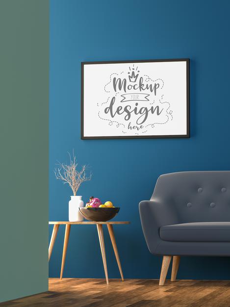 Free Poster Frame In Living Room Mockup Psd