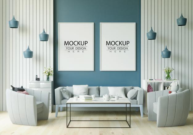 Free Poster Frame In Living Room Mockup Psd