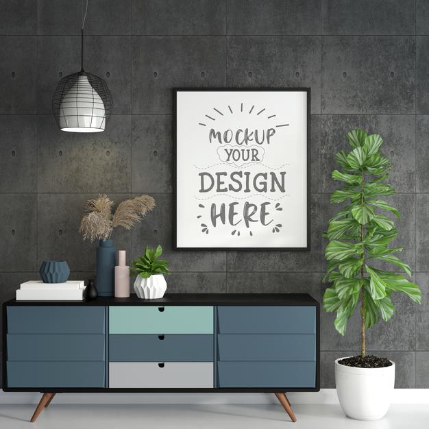 Free Poster Frame In Living Room Mockup Psd