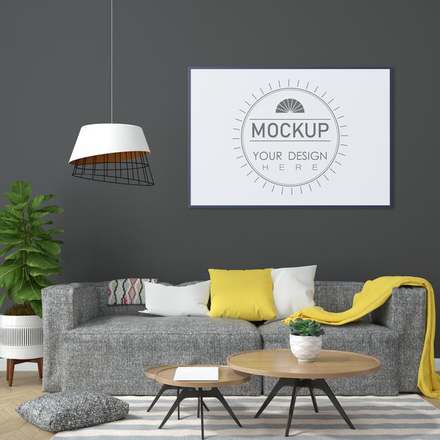 Free Poster Frame In Living Room Mockup Psd