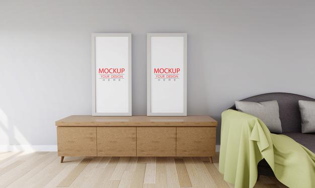 Free Poster Frame In Living Room Mockup Psd