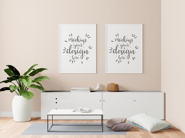 Free Poster Frame In Living Room Mockup Psd