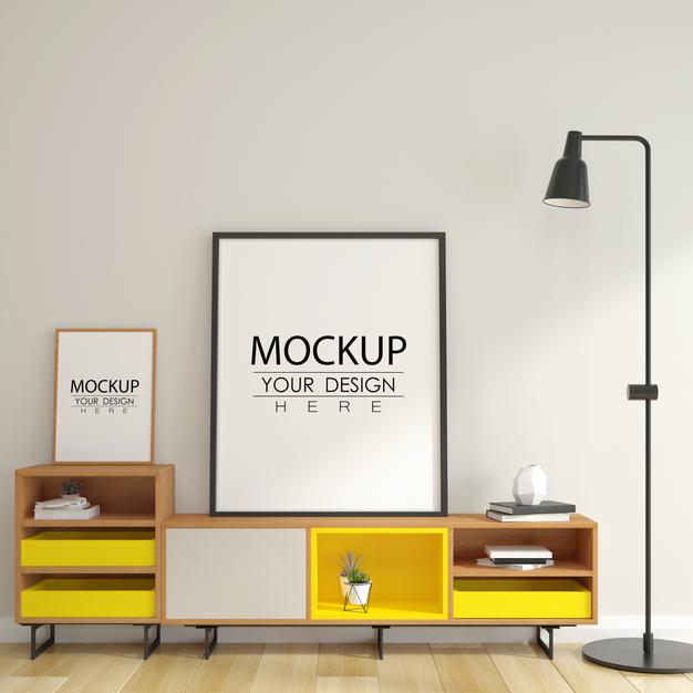 Free Poster Frame In Living Room Mockup Psd