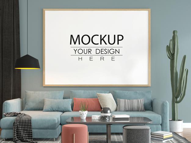 Free Poster Frame In Living Room Mockup Psd