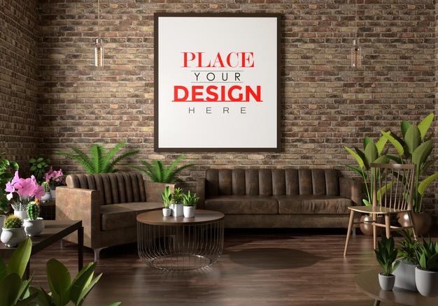 Free Poster Frame In Living Room Mockup Psd