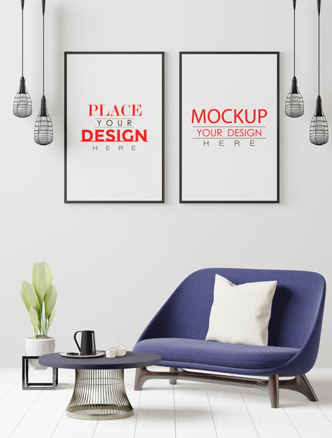 Free Poster Frame In Living Room Mockup Psd