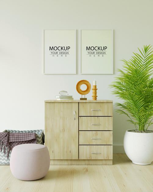 Free Poster Frame In Living Room Mockup Psd