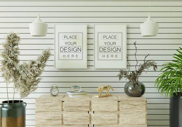 Free Poster Frame In Living Room Mockup Psd