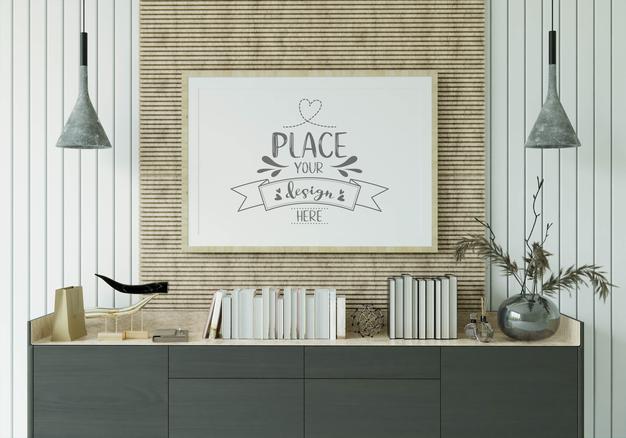 Free Poster Frame In Living Room Mockup Psd