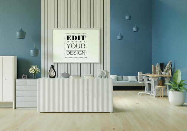 Free Poster Frame In Living Room Mockup Psd