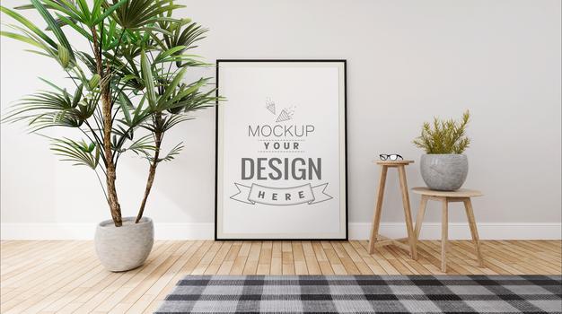 Free Poster Frame In Living Room Mockup Psd