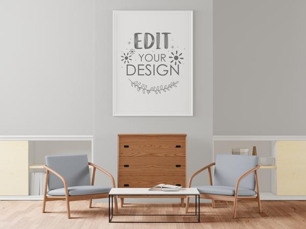 Free Poster Frame In Living Room Mockup Psd