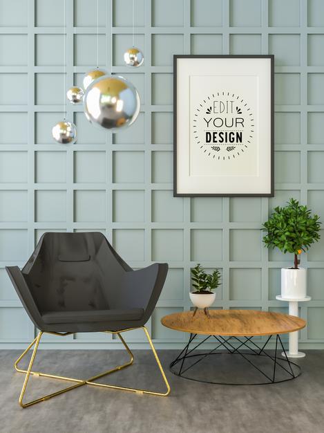 Free Poster Frame In Living Room Mockup Psd