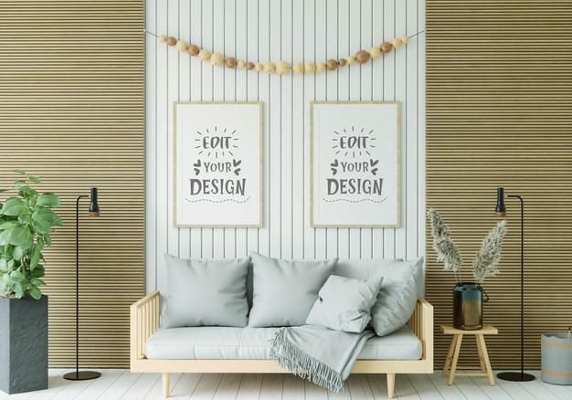 Free Poster Frame In Living Room Mockup Psd