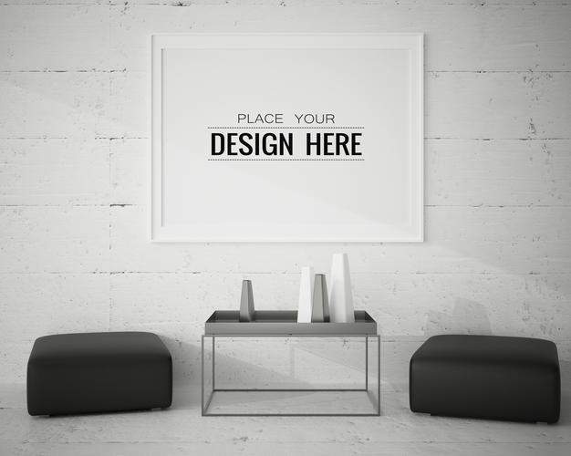 Free Poster Frame In Living Room Mockup Psd