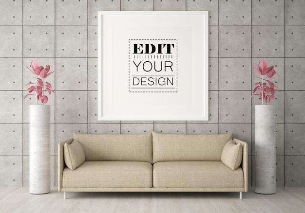 Free Poster Frame In Living Room Mockup Psd