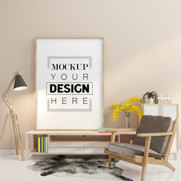 Free Poster Frame In Living Room Mockup Psd