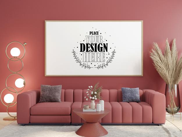 Free Poster Frame In Living Room Mockup Psd