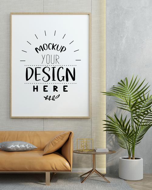 Free Poster Frame In Living Room Mockup Psd