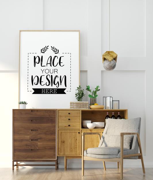 Free Poster Frame In Living Room Mockup Psd