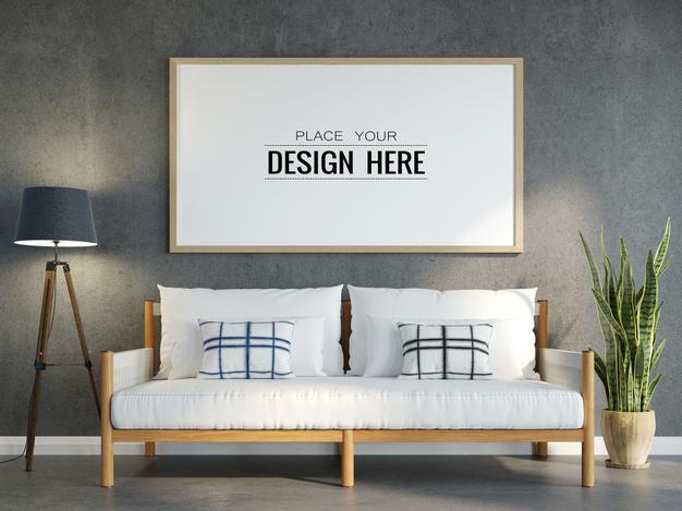 Free Poster Frame In Living Room Mockup Psd