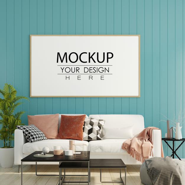 Free Poster Frame In Living Room Mockup Psd