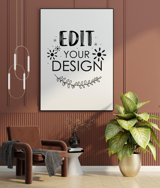 Free Poster Frame In Living Room Mockup Psd