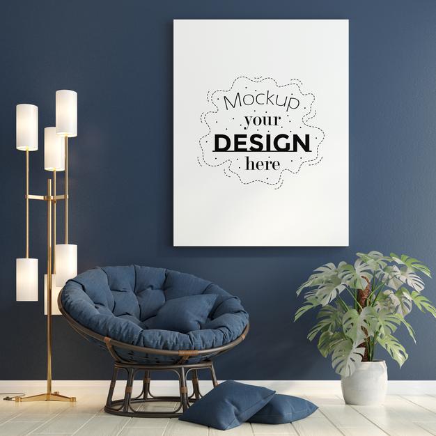 Free Poster Frame In Living Room Mockup Psd