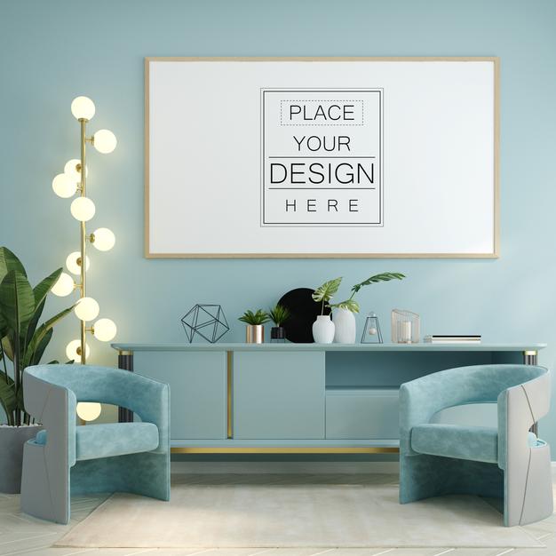 Free Poster Frame In Living Room Mockup Psd