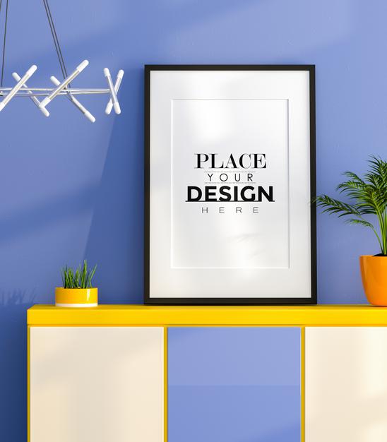 Free Poster Frame In Living Room Mockup Psd