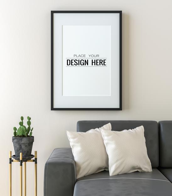 Free Poster Frame In Living Room Mockup Psd