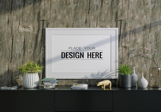 Free Poster Frame In Living Room Mockup Psd