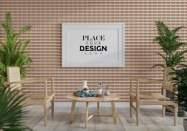 Free Poster Frame In Living Room Mockup Psd