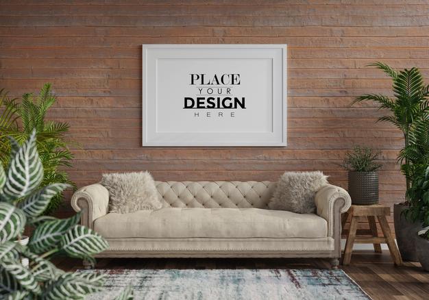 Free Poster Frame In Living Room Mockup Psd