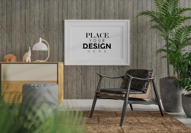 Free Poster Frame In Living Room Mockup Psd